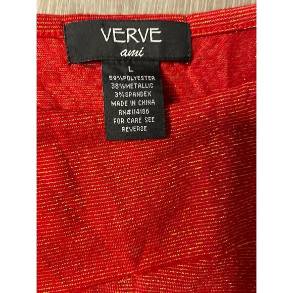 Verve Red Sleeveless Gold Metallic Thread Ruffle Shell Tank Top Sz L - Picture 5 of 9